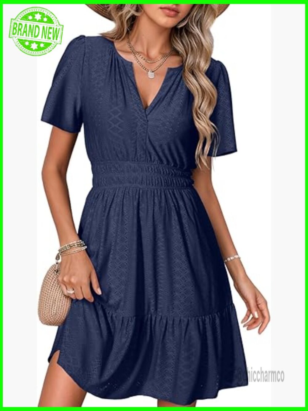 Mini A-Line Sun Dress with Pockets, Short Sleeve V-Neck